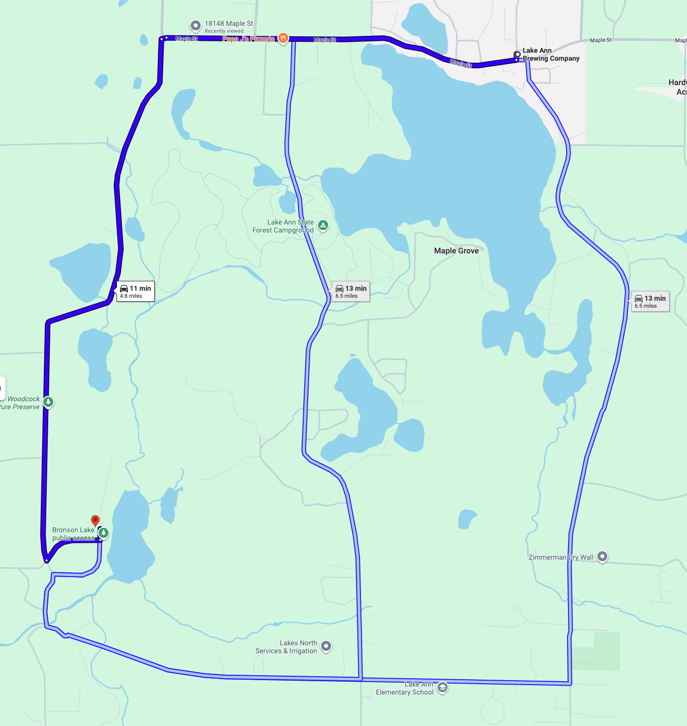 Map showing the recommended route to the A-Frame via Maple St and Burnt Mill Rd
